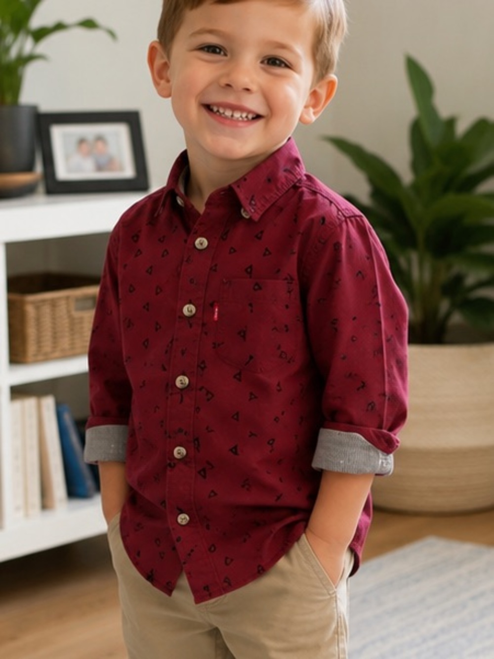 Maximus Rex Kids Burgundy Button-Down Shirt with Triangle Print